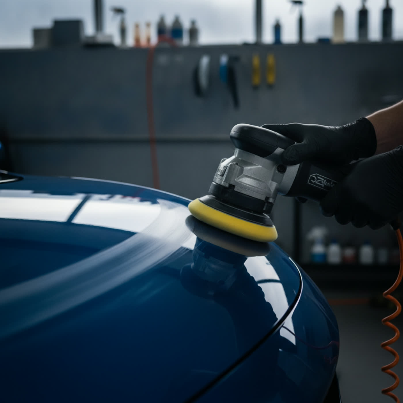 Machine polishing a dark blue panel